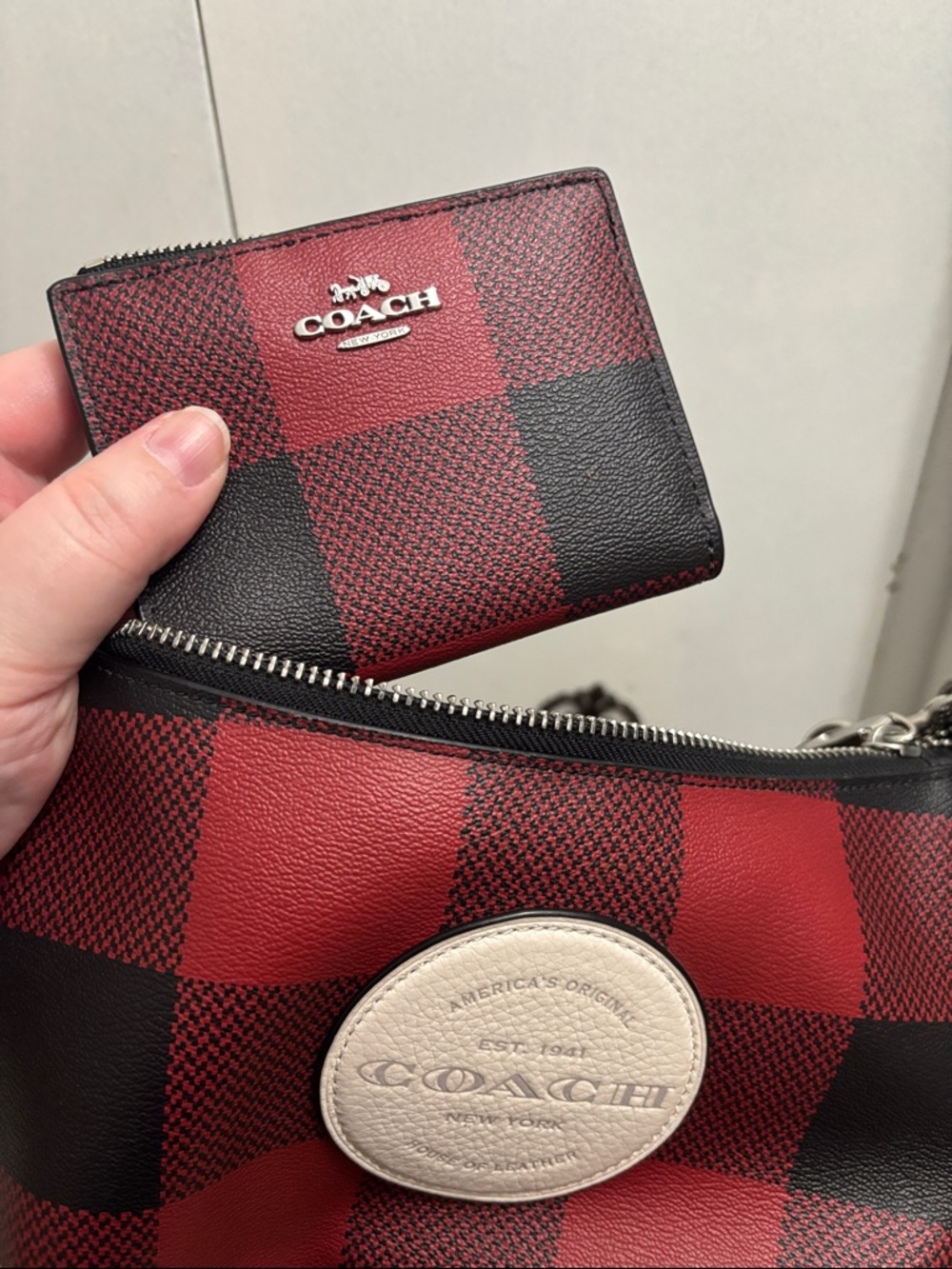 Coach Red & Black Buffalo Check Crossbody with Leather Trim and matching wallet - Picture 3 of 8